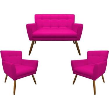 Imagem de Kit Namoradeira + 2 Poltronas Decorativa Onix Couro Rosa Pink Pés Made