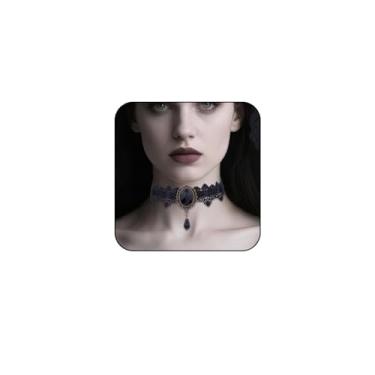 Imagem de bike8 Colar gargantilha gótica de renda preta com cristal para mulheres, colares vintage de vampiro, bijuteria de fantasia de Halloween, Adjustable, Cristal, Sem Pedra Preciosa