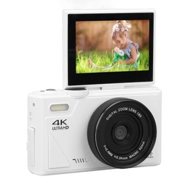 Imagem de Câmera digital de 64 MP, câmera digital 4K, tela dobrável, vídeo 4K, zoom 18x, recarregável, com tela flip de 7 cm, presente de Natal ideal com conectividade USB para iniciantes (branca)