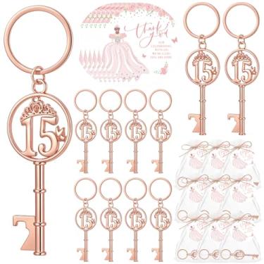 Imagem de Sliner 25 conjuntos de lembrancinhas de festa de quinze anos para convidados, chaveiro de aniversário de 15 anos, abridor de garrafas de 15 anos, etiquetas de agradecimento, presente de quinze anos