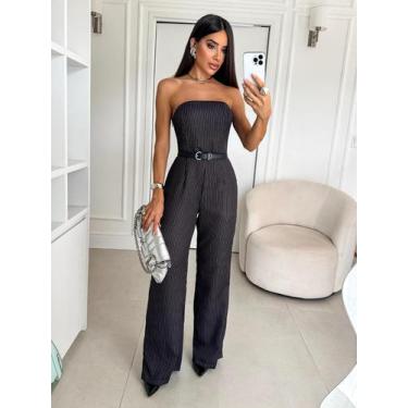 Imagem de Macacão Alfaiataria de Listra Tamanho Unico Veste do 36 a 42 - Heloisa