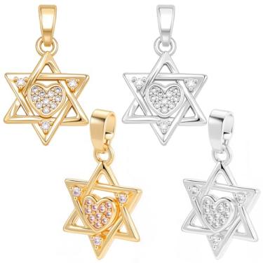 Imagem de Beebeecraft 1 caixa, 16 peças, pingentes de estrela de Davi, pingente de coração de estrela de zircônia cúbica banhado a ouro 18K e platina para fazer joias, colar, pulseira, artesanato DIY