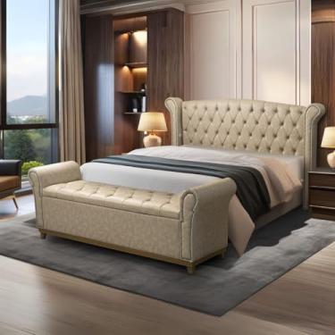 Imagem de Cabeceira e Baú Grécia Solteiro, Courino Sintético Bege, Capitonê com Tachas, 140x128x25 cm (Bege)