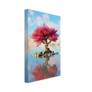 Imagem de PUREVACY Arte de parede de céu azul e árvore de flor rosa para sala de estar. Decoração de arte de parede de quarto para acima da cama. Arte de árvore rosa para paredes estilo vertical 20 x 30 cm / 8