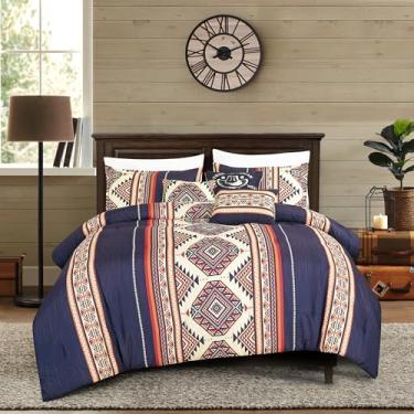 Imagem de Conjunto de edredom de 6 peças Evonne Southwestern Tribal Navy King Size azul, vermelho e bege, roupa de cama ocidental