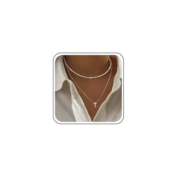 Imagem de TseanYi Colar de corrente torcida em camadas com cruz dourada com glitter, gargantilha com pingente de cruz pequena - Correntes brilhantes com glitter - Colares com pingente de crucifixo, Zinco, Sem