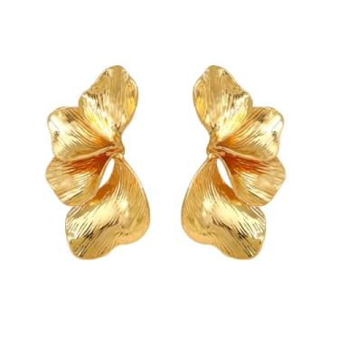 Imagem de LOKLIFFAI Brincos de flores para mulheres, design de dois tons, brincos pendentes de gota para férias com asa de folha, joias modernas, one size, Zinco, Sem pedra preciosa