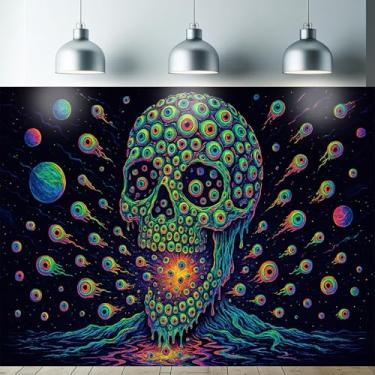Imagem de Starlit Patio Tapeçaria Trippy Eyeball Caveira Luz Negra UV Reativo Planetas Cósmicos Pingando Crânio Surreal Olho de Terror para Quarto, Dormitório, Sala de Estar, Rave, Decoração Gótica, Pôster 192