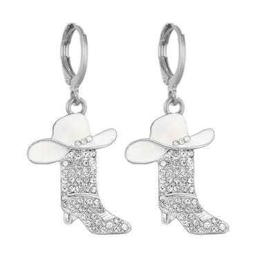 Imagem de coadipress Brincos de argola de botas ocidentais com strass para mulheres, boho, vaqueira, caubói, country, concerto, festa, chapéu, esmaltado, bota, pendurado, brincos, joias, acessórios, presente