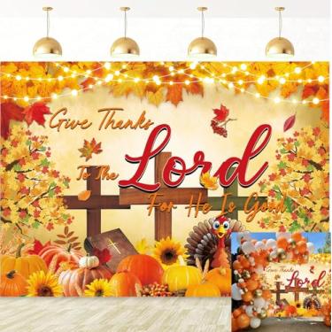 Imagem de Pano de fundo cristão de Ação de Graças ao Senhor Outono Folhas de Bordo Abóboras Fundo Cruz Jesus Religioso Outono Colheita Amigos Festa Família Decorações Banner Foto Adereços (1,5 x 1,5 m)