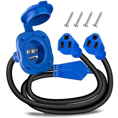 Imagem de KTOEBYCO Plugue De Entrada De Energia Ca De 15 A 125 V Com Cabo De Extensão Duplo Integrado De 18", Divisor Nema 5-15 Y, Plugue De Alimentação De Costa, Capa À Prova D'Água Para Entrada De Trailer,