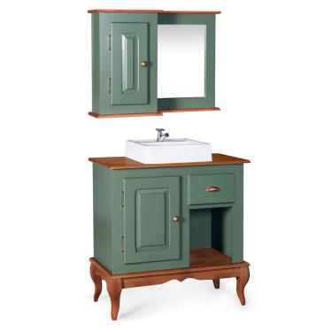 Imagem de Gabinete para Banheiro com Cuba e Armário Espelheira Dália 3064 - Verde Musgo/Imbuia Glazer