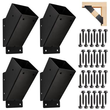 Imagem de Guolich Kit de 4 peças de suportes de elevação de telhado resistentes, suportes de suporte de ângulo de 45 graus, suporte de viga de teto de metal preto para cobertura de pátio de pérgola de telhado.