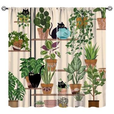 Imagem de Cortinas de gato com desenho animado de animais fofos, boho, arte em vaso, cortinas blackout para janela para sala de estar, cozinha, conjunto de tecido, 2 painéis, 106 x 137 cm, 80% de taxa de