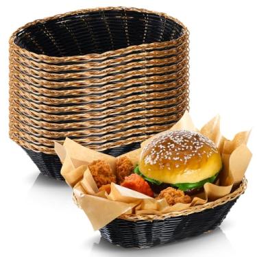 Imagem de Yalikop Pacote com 12 cestas ovais de vime de poliéster 22 x 15 x 6 cm para cozinha, presentes de férias, exibição de peça central, armazenamento de pão, lanches, frutas, legumes, ouro preto