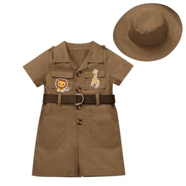 Imagem de IDOPIP Conjunto de roupas de safári para bebês, meninos, meninas, selva, macacão + chapéu, conjunto de roupas para festa de aniversário de verão e Halloween, macacão para sessão de fotos, macacão com