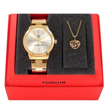 Imagem de Kit Relógio Feminino Tuguir Analógico Tg142 Dourado Com