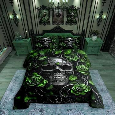 Imagem de Erosebridal Jogo de cama king com caveira de açúcar, floral rosa verde, para crianças, meninos, meninas, adolescentes e adultos, edredom com esqueleto gótico, hippie exótico, terror, para decoração de