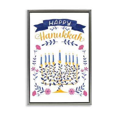 Imagem de Stupell Industries Design de arte de parede em tela flutuante cinza floral Menorah Happy Hanukkah da JJ Design House LLC, 63 x 43 cm