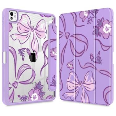 Imagem de Mektron Capa para M4 iPad Pro 11 polegadas 2024 com suporte para lápis, modelos compatíveis: A2836/A2837/A3006, capa à prova de choque transparente + suporte de três dobras, flores-laços-roxo