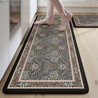 Imagem de Collive Tapetes de cozinha para chão, tapete acolchoado antifadiga, tapete floral, 2 peças, antiderrapante, impermeável, tapete de pia confortável, espuma viscoelástica para escritório, lavanderia