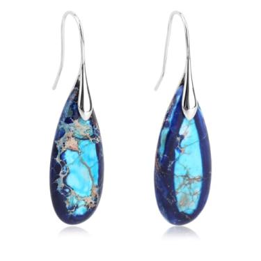 Imagem de Brincos Pedra Natural, Brincos Pendentes em Forma de Argola Leves Modernos Design Gota Água Joias com Pedras Presente Aniversário para Mulher (Azul, Prata)