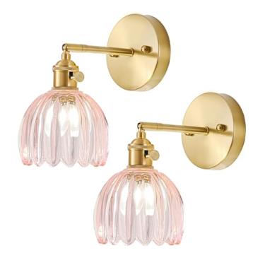 Imagem de LINSEEDS Conjunto de duas arandelas de parede com fio, arandelas de parede vintage com abajur de vidro rosa tulipa, arandelas de parede de banheiro com interruptor, arandelas douradas para decoração