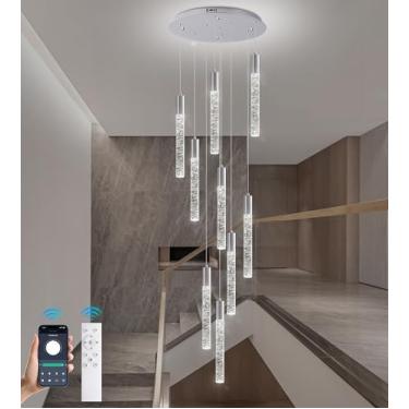 Imagem de Upfelw Lustre de cristal de teto alto 9 luzes, espiral regulável LED Raindrop foyer luminária pendente cromada para sala de estar