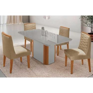 Imagem de Conjunto Sala de Jantar Pietá c/ Tampo Madeirado c/ Vidro Canto Curvo 120x80cm e 4 Cadeiras Maldivas Madeira Maciça Naturale/Off White - Capuccino/Lin