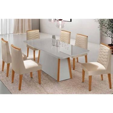 Imagem de Conjunto Sala de Jantar Tilia c/ Tampo Madeirado c/ Vidro Canto Curvo 180x90cm e 6 Cadeiras Maldivas Madeira Maciça Naturale/Off White - Capuccino/Sue
