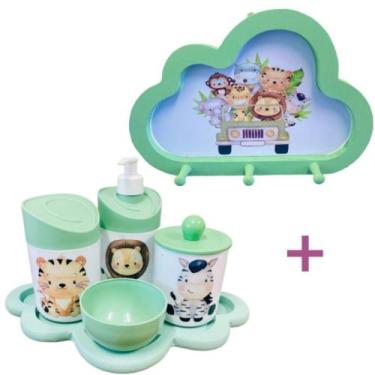 Imagem de Kit Higiene Bebê Safari Leão, zebra e tigre + Cabideiro Infantil Nuvem