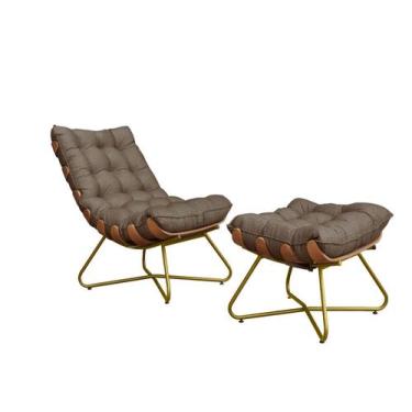 Imagem de Poltrona Costela Decorativa +Puff Madeira Eva Dourado Marrom - METAL M