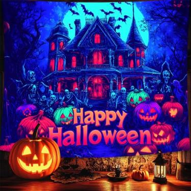 Imagem de BVBOX Tapeçaria de Halloween, tapeçaria de luz negra para decoração de festa de Halloween, tapeçarias suspensas, pano de fundo, pôster de arte de parede para quarto dormitório 229 x 177 cm