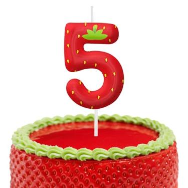 Imagem de Velas de aniversário de morango, decoração de topo de bolo de 6 cm, decorações de aniversário número 5 velas, decorações de bolo de festa de aniversário, suprimentos de festa