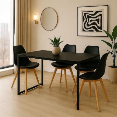 Imagem de Conjunto Mesa de Jantar Retangular 120x80cm com Tampo Preto e Estrutura em Aço Preto+4 Cadeiras Pretas Pés em Madeira