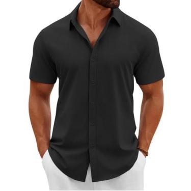 Imagem de Camisa casual COOFANDY de manga curta com botões para homens preta