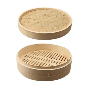 Imagem de Generic Cesta de cozimento a vapor de bambu para bolinhos, redonda, multifuncional, feita à mão, com tampa para cozinhar frutos do mar, vegetais e sobremesas, 30cm