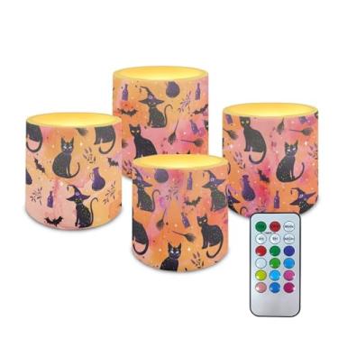 Imagem de Merkmak Pacote com 4 velas sem chamas de morcego de gato preto de Halloween com temporizador, velas operadas por bateria com controle remoto, luzes de chá de pilar de LED para decoração de casa e