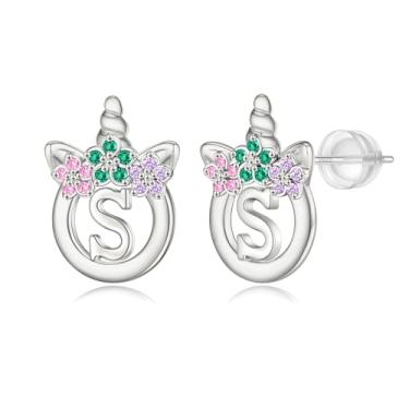 Imagem de Brincos de unicórnio para meninas – Brincos de prata esterlina 925 hipoalergênicos com inicial de unicórnio para meninas e crianças joias CZ presentes de aniversário, Latão, Zircônia cúbica