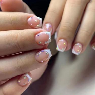 Imagem de Pressionar unhas extra curtas ponta francesa branca falsa, cobertura completa, cola, strass, bastão de acrílico falso artificial para mulheres e meninas, 24 peças