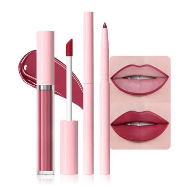 Imagem de AMY'S DIARY Conjunto de brilho labial e delineador labial – Batom líquido fosco com lápis labial combinando – tons de vermelho rosa, baga, vinho – Kit de maquiagem labial de longa duração, impermeável