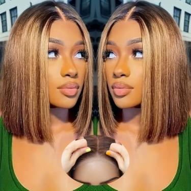 Imagem de Peruca de cabelo humano Highlight 4/27 Wear and Go Glueless Bob 12 x 5 HD com fecho de renda de 30 cm peruca frontal reta curta de 200 densidades loiro ombré sem cola, cabelo de bebê pré-arrancado