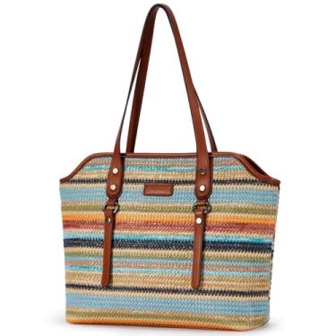 Imagem de Blucoay Bolsa de palha para mulheres, bolsas femininas com bolsos com zíper, bolsas de ombro de praia de verão para uso diário, viagens, trabalho, A01-arco-íris, Large