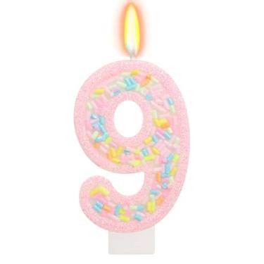 Imagem de ElekFX Número 9 Vela de aniversário com granulados, topo de bolo arco-íris de unicórnio rosa pastel, decorações de festa Sweet Candyland para meninas e meninos 9 anos