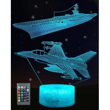 Imagem de Kenmaca Luz noturna de transporte de avião para quarto de meninos, lâmpada de ilusão de LED 3D, 2 padrões, 16 cores que mudam de cor, decoração regulável, toque e controle remoto, presente engraçado
