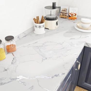 Imagem de ReWallpaper Papel de parede de mármore Carrara de 15,8 pol. × 23 pés Papel de parede de mármore cinza e branco removível