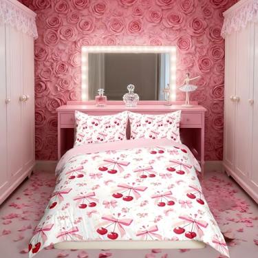 Imagem de Manfei Conjunto de capa de edredom infantil Bow Cherry King, com laço floral e flor rosa, para meninas e meninos, decoração de quarto de frutas fofas, capa de colcha amarela e rosa, 2 fronhas (sem