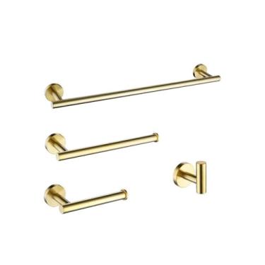Imagem de Conjunto de acessórios para banheiro em ouro escovado, suporte para toalhas de parede em aço inoxidável, suporte para papel higiênico, gancho para roupão, conjunto em ouro escovado