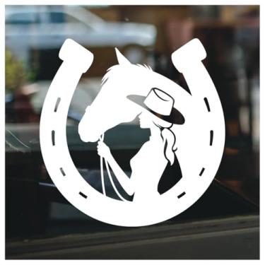 Imagem de Adesivo de vinil equestre, design de ferradura de cavalo e cavaleiro, 18 x 17 cm, branco, adesivo impermeável para laptop de carro e caminhão