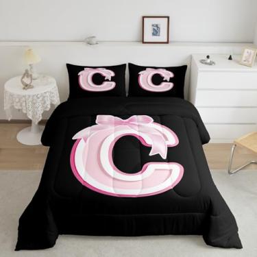 Imagem de jejeloiu Conjunto de edredom infantil com laço preto e rosa, monograma, ultramacio, personalizado, inicial C, conjunto de edredom moderno, moderno, decoração de quarto, conjunto de colcha com laço